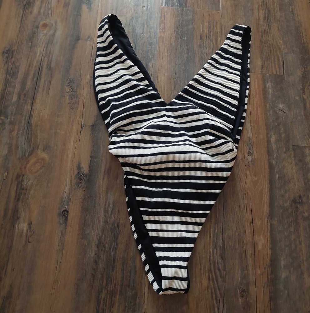 Volcom Black and White Striped One Piece Swimsuit